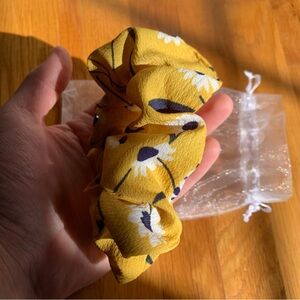 Marigold Yellow Scrunchie w/ White & Navy Floral Pattern in Organza Pouch 🤍🌾